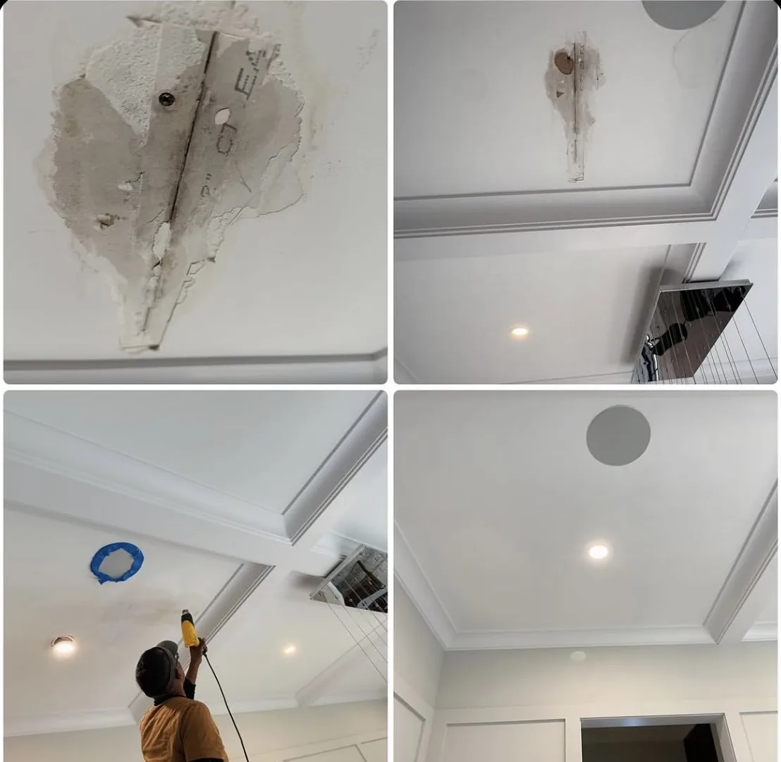 Four photos of a ceiling repair: stained damaged drywall, a small patch, drying with a heat gun, and a smooth finished ceiling