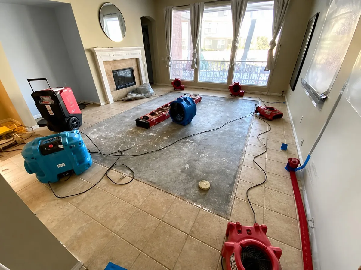 Red air movers, a blue dehumidifier, and a large red drying unit set around a living room floor after carpet removal
