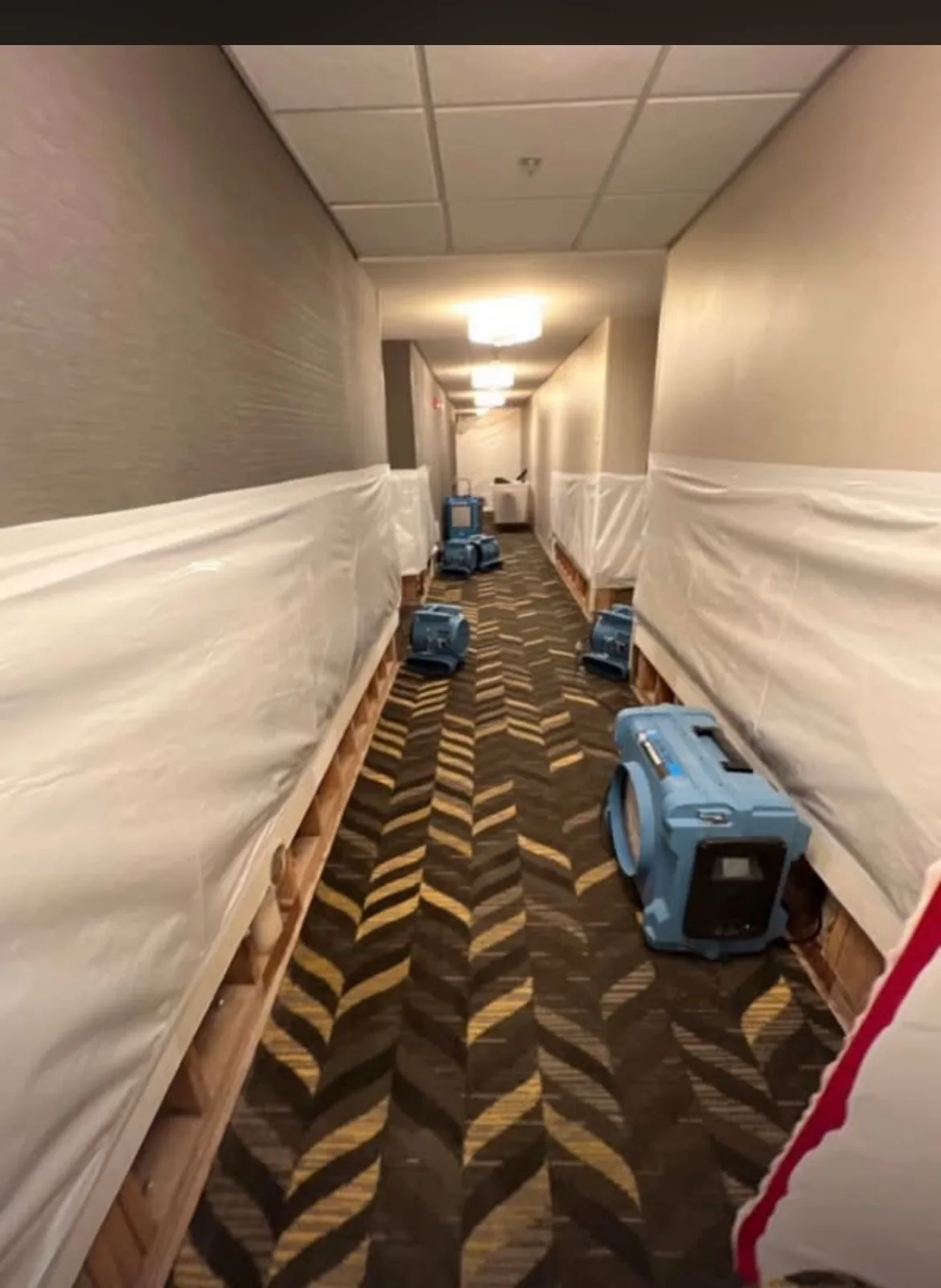Hallway walls covered in plastic sheeting with air movers and a dehumidifier along the floor