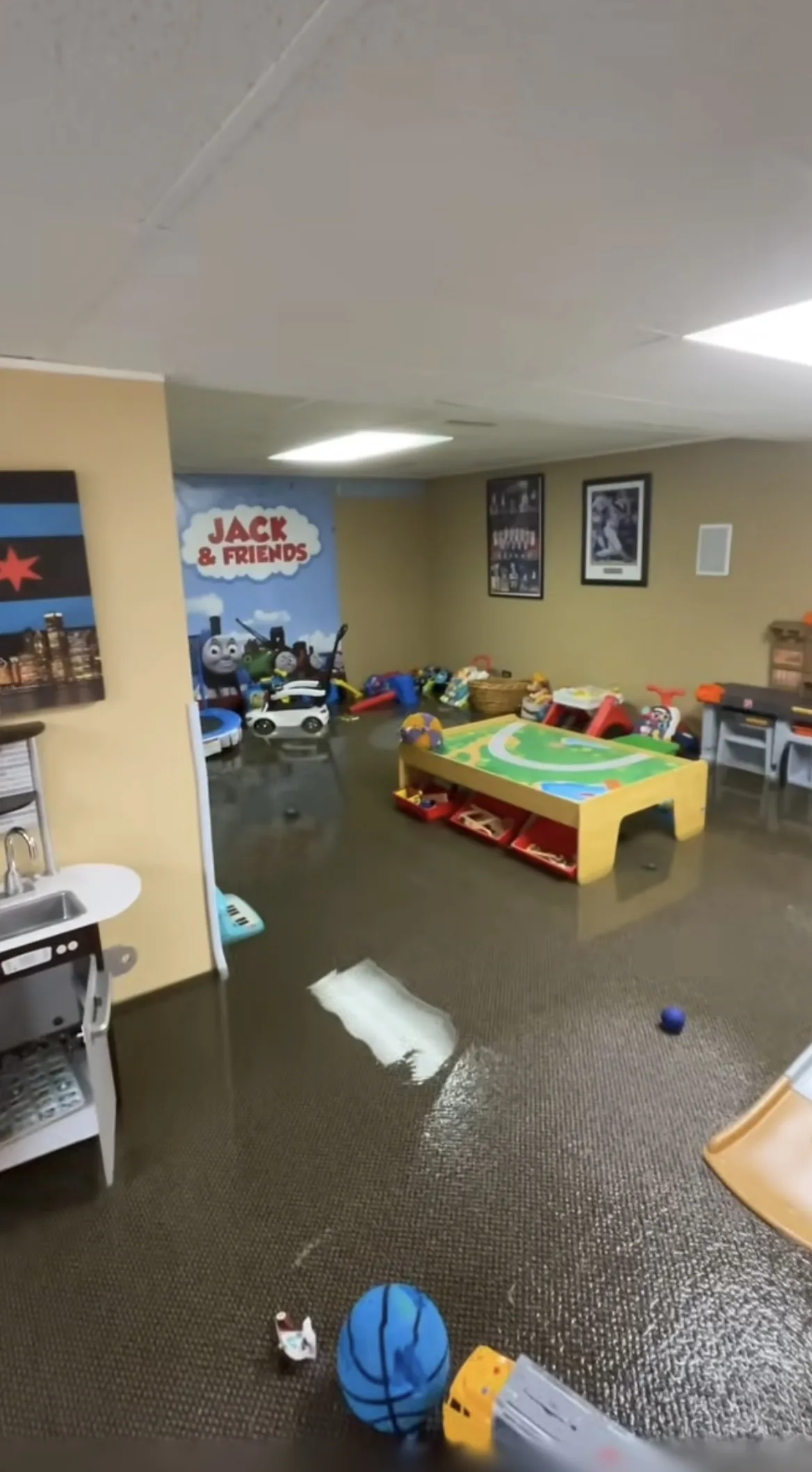 Lower-level play area with standing water covering the carpet and toys
