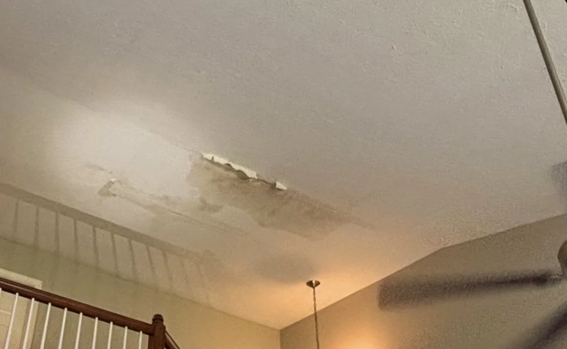 Water stain and peeling paint on a vaulted ceiling above a staircase
